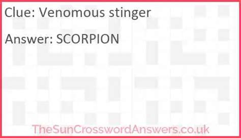 The Crossword Solver found 30 answers to "stinger target", 4 letters crossword clue. The Crossword Solver finds answers to classic crosswords and cryptic crossword puzzles. Enter the length or pattern for better results. Click the answer to find similar crossword clues . Enter a Crossword Clue.